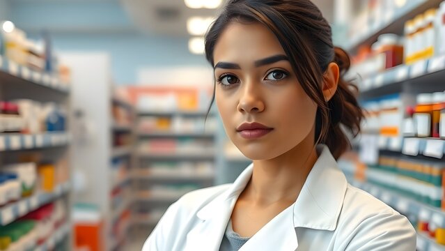 cara de farmac&eacute;utico posando en un vestido blanco. fondo borroso del interior de la farmacia con exhibiciones de drogas
