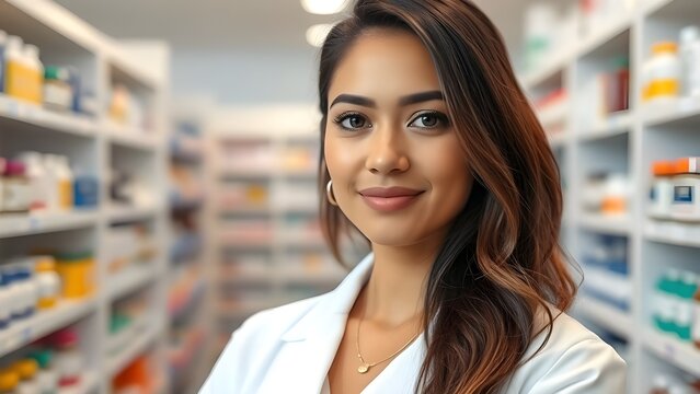 cara de farmac&eacute;utico posando en un vestido blanco. fondo borroso del interior de la farmacia con exhibiciones de drogas