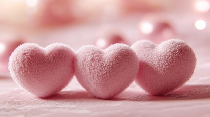 Obraz premium Three Pink Fuzzy Hearts on a Blurred Background