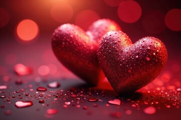 Close-up of two hearts, sparkling glitter, dewy, romantic Valentine's Day , shiny, festive