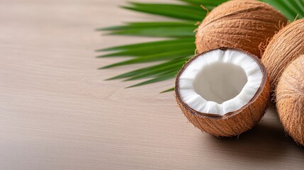 Coconuts resting on a gray wooden surface with palm leaf accents