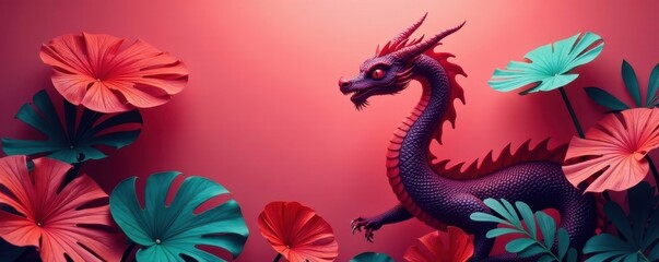 Vibrant coral backdrop showcases Dragon Tail Monstera's dramatic leaves , summer aesthetic, coral, illustration