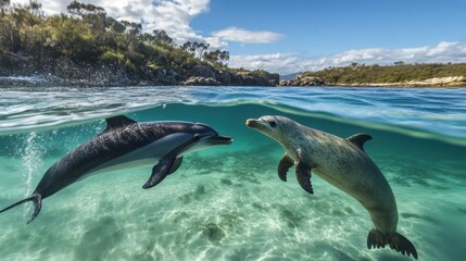 Fototapeta premium Graceful dolphin leaps beside a curious seal in crystal-clear waters, sunlight shimmering on their smooth bodies under the bright sky