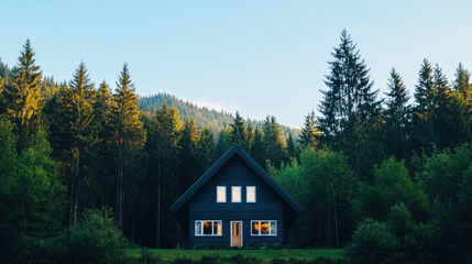 Scandinavian cottage with clean lines, surrounded by tall trees and mountains, evokes sense of tranquility and nature beauty