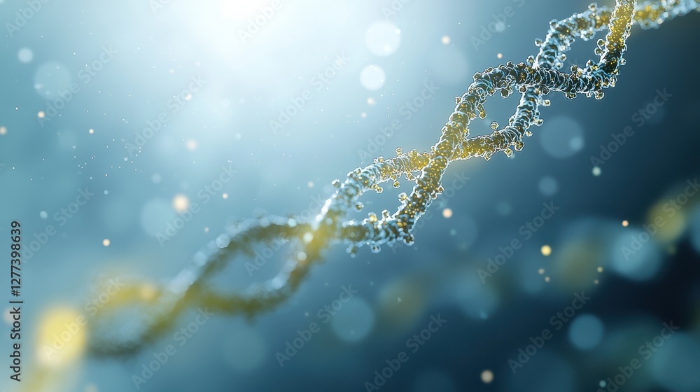 Poster a close-up view of a shimmering dna strand, highlighting its intricate structure against a soft, blu