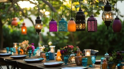 Fototapeta premium Hanging lanterns in vibrant hues illuminating a rustic table, evoking warmth and celebration.