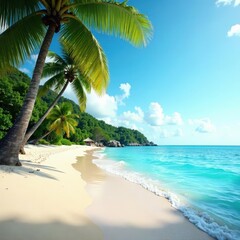 Obraz premium Azure waters lap a shoreline fringed by lush palms and soft sand , tropical paradise, bright