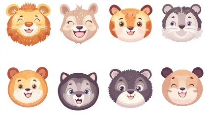 Cute cartoon animal faces.  Collection of cheerful animal heads, diverse species,  happy expressions,  flat design,  kids design,  circle shapes.