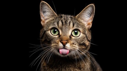 A close-up of a playful cat with striking green eyes, featuring a striped coat and a tongue sticking out, set against a black background.