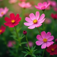 Obraz premium Delicate cosmos blossoms, vibrant petals, lush green garden , delicate, bloom, autumn