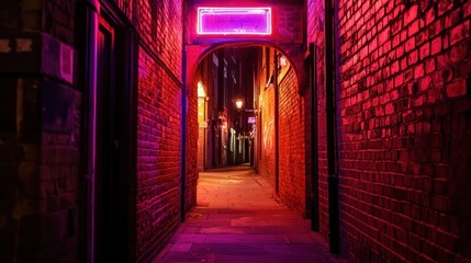Fototapeta premium A narrow, dimly lit alleyway at night, illuminated by neon signs and streetlights. Brick walls and archway create a mysterious urban scene.