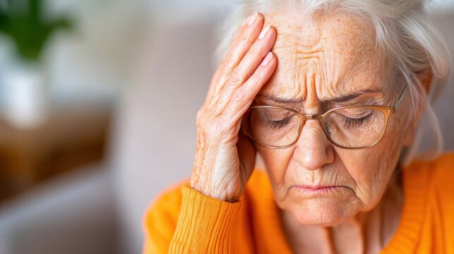 Older woman experiences overwhelming anxiety in her cozy living room