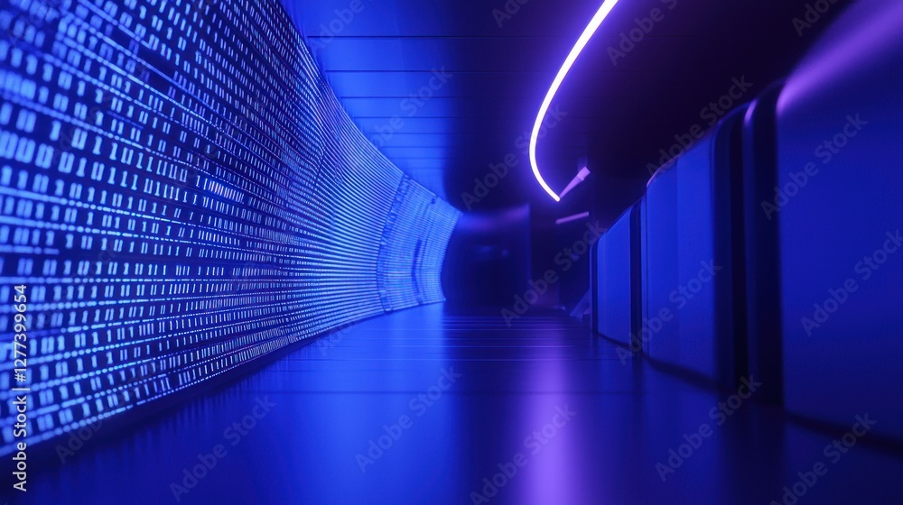 Poster digital corridor: a futuristic neon tunnel of binary code
