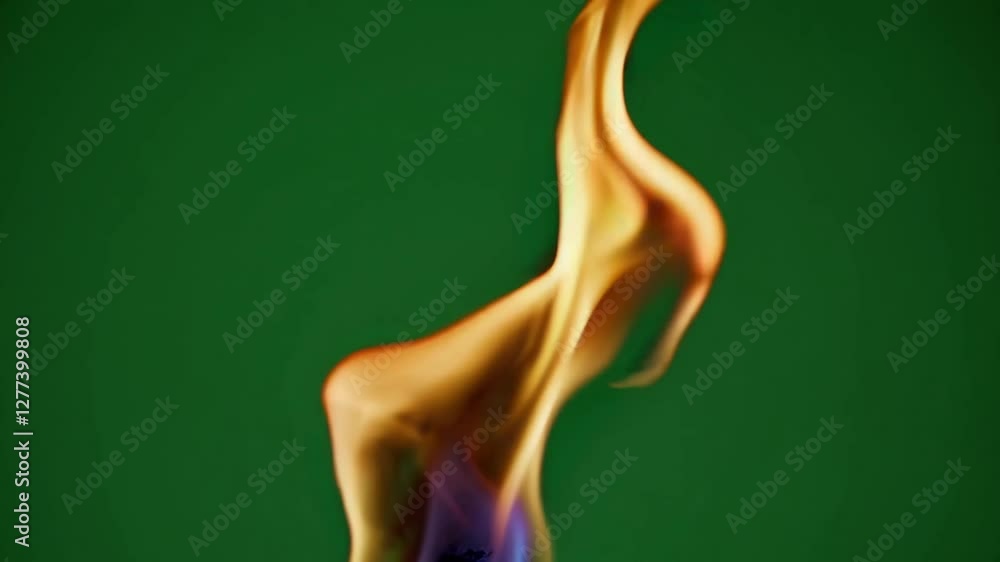 Poster dynamic orange flame against a green background, close-up abstract view. energy and transformation c