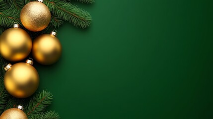 Festive Christmas flat lay with fir branches, gold balls, and space for text on a dark green background. Hyper-realistic, cinematic, and award-winning design.