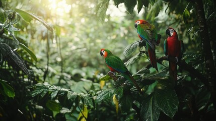Video generation of a dense jungle with exotic plants and colorful birds perched on trees. Featuring biodiversity and nature's richness