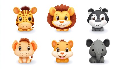 Naklejka premium Cute cartoon animal faces, baby giraffe, lion, panda, monkey, elephant, and various other adorable wild animal characters set on a white background.
