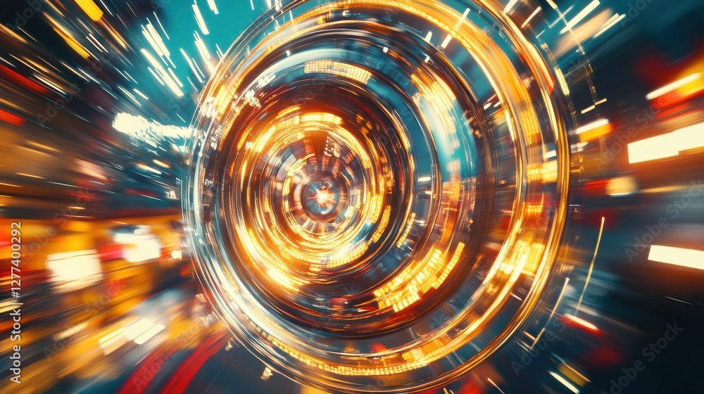 Poster dynamic circular motion with bright lights and colorful trails