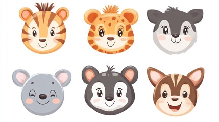 Fototapeta premium Cute cartoon animal faces, childlike illustrations of animal heads, various adorable animal portraits.