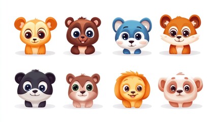 Cute cartoon animal faces. Collection of adorable, stylized animal characters.