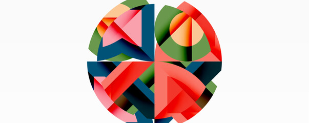 Abstract geometric composition with interlocking circular and angular shapes, featuring smooth gradients and sharp contrasts on a white background