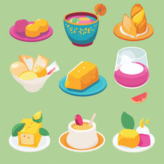 Colorful Holi-Themed Food Icons with Sweets and Drinks, Holi
