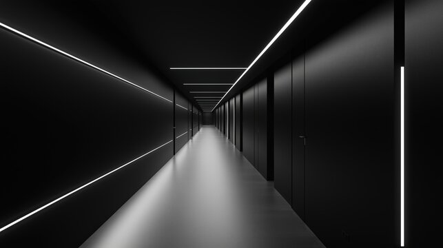 A minimalist office corridor with sleek black and white decor, complemented by accent lighting