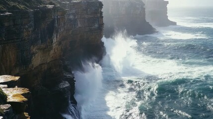 Video generation of a dramatic coastal cliffside with crashing waves below. Featuring power and raw beauty