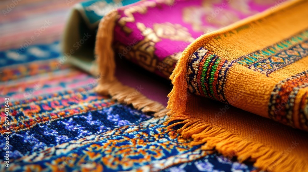 Poster colorful textiles with intricate patterns and textures on display