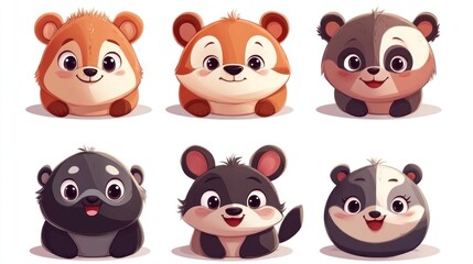 Fototapeta premium Cute cartoon animal faces, diverse forest creatures, adorable wildlife characters, friendly animal heads, childlike animal portraits, happy cartoon animals.