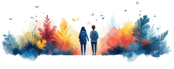 Obraz premium Couple Holding Hands Surrounded by Colorful Abstract Autumn Foliage with Birds Overhead in a Serene Scenic Illustration