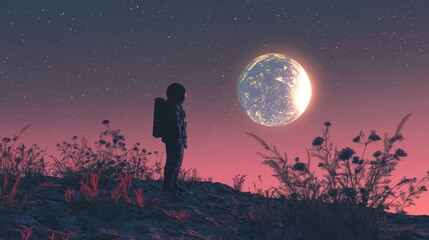 Obraz premium Moonwalk by an astronaut with Earth shining brightly in the distance, evoking inspiration and wonder.