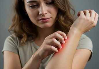 Fototapeta premium Close-Up View of Woman Scratching Arm Indicating Discomfort or Allergy