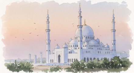 Naklejka premium Watercolor painting depicts sheikh zayed mosque at sunset