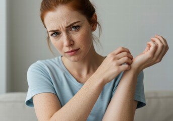 Close-Up of Young Woman Scratching Her Arm Showing Skin Irritation