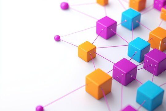 Colorful cubes connected by pink lines creating a network on a white background representing connection and communication in a modern style