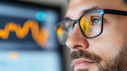 Young Indian businessman analyzes trading data with focused precision