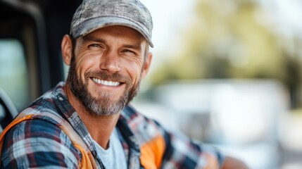 Young truck driver smiles while navigating the open road on a sunny day