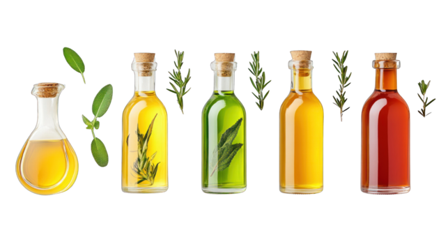 A row of five glass bottles with different colored liquids and herbs