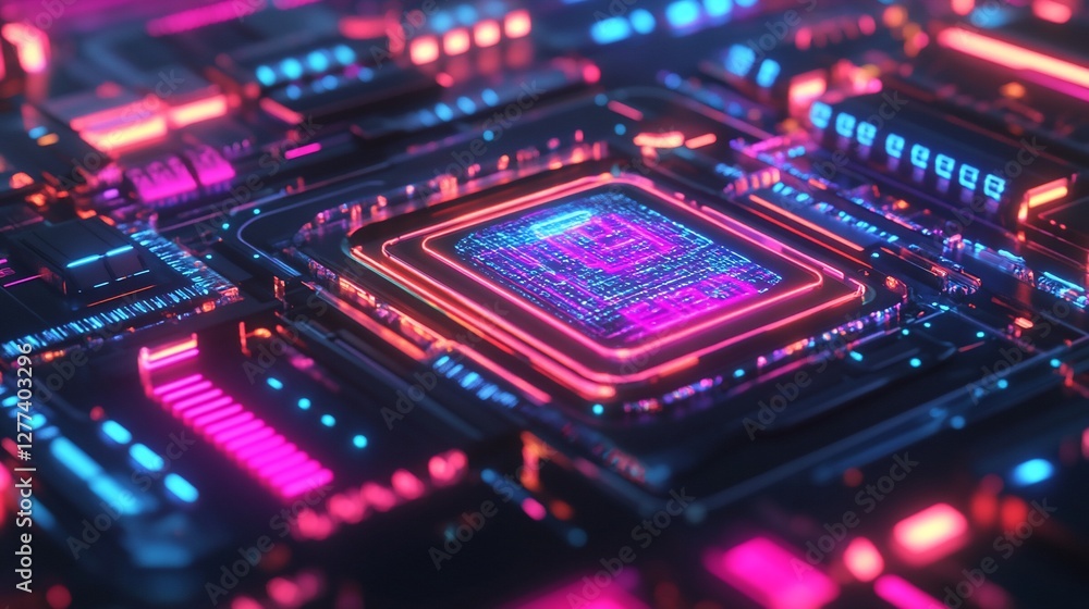 Poster neon glow circuitry: abstract digital microchip
