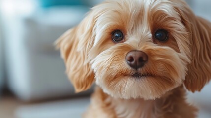 Adorable Maltipoo with expressive eyes against a soft white backdrop