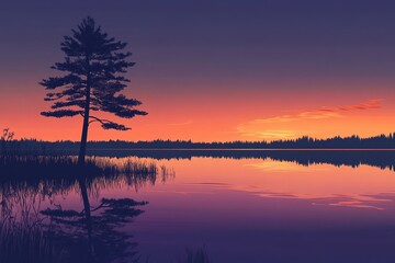 Obraz premium Tranquil lakeside sunset with silhouetted tree reflecting on still water peaceful scene