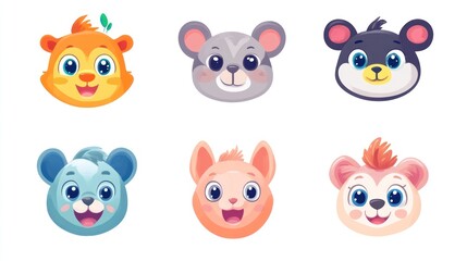 Fototapeta premium Cute cartoon animal faces, including a squirrel, mouse, bear, and more. Each face is a circle, with large eyes, wide smiles, and playful expressions. Adorable, childlike design.