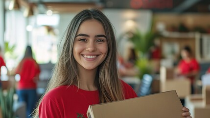 Smiling woman in a red shirt holding a cardboard box Volunteering at a charity