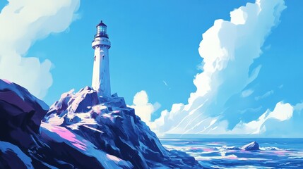 Lighthouse standing tall on rocky coast under a blue sky