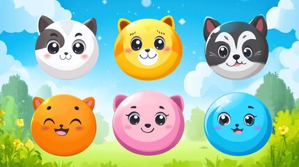 Cute cartoon animal faces on round objects in a sunny landscape. Colorful and playful design.