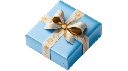 A gold and silver box with a bow on top of it