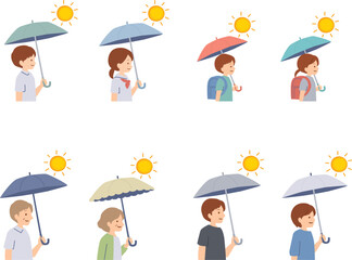日傘を持ったいろいろな世代の人物のイラスト