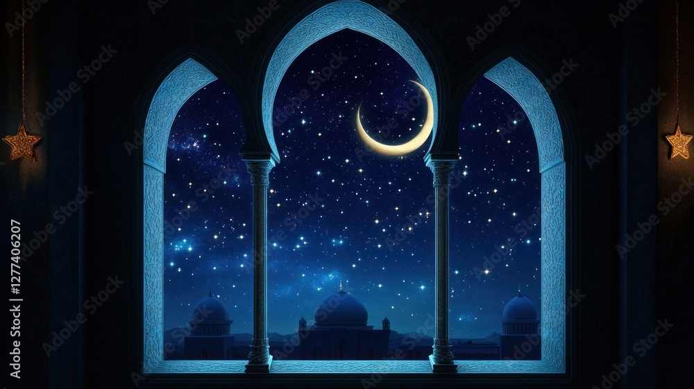 Poster a serene night view through an ornate window, featuring a crescent moon and twinkling stars.