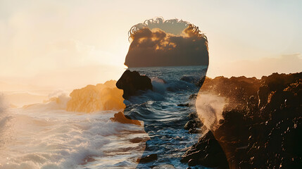 Naklejka premium Silhouette of a person overlooking ocean waves at sunset coastal landscape emotive scene